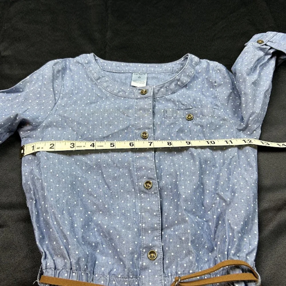 Carter's Girls Romper 6Y Jean White Polka Dot Brown Belt NWT